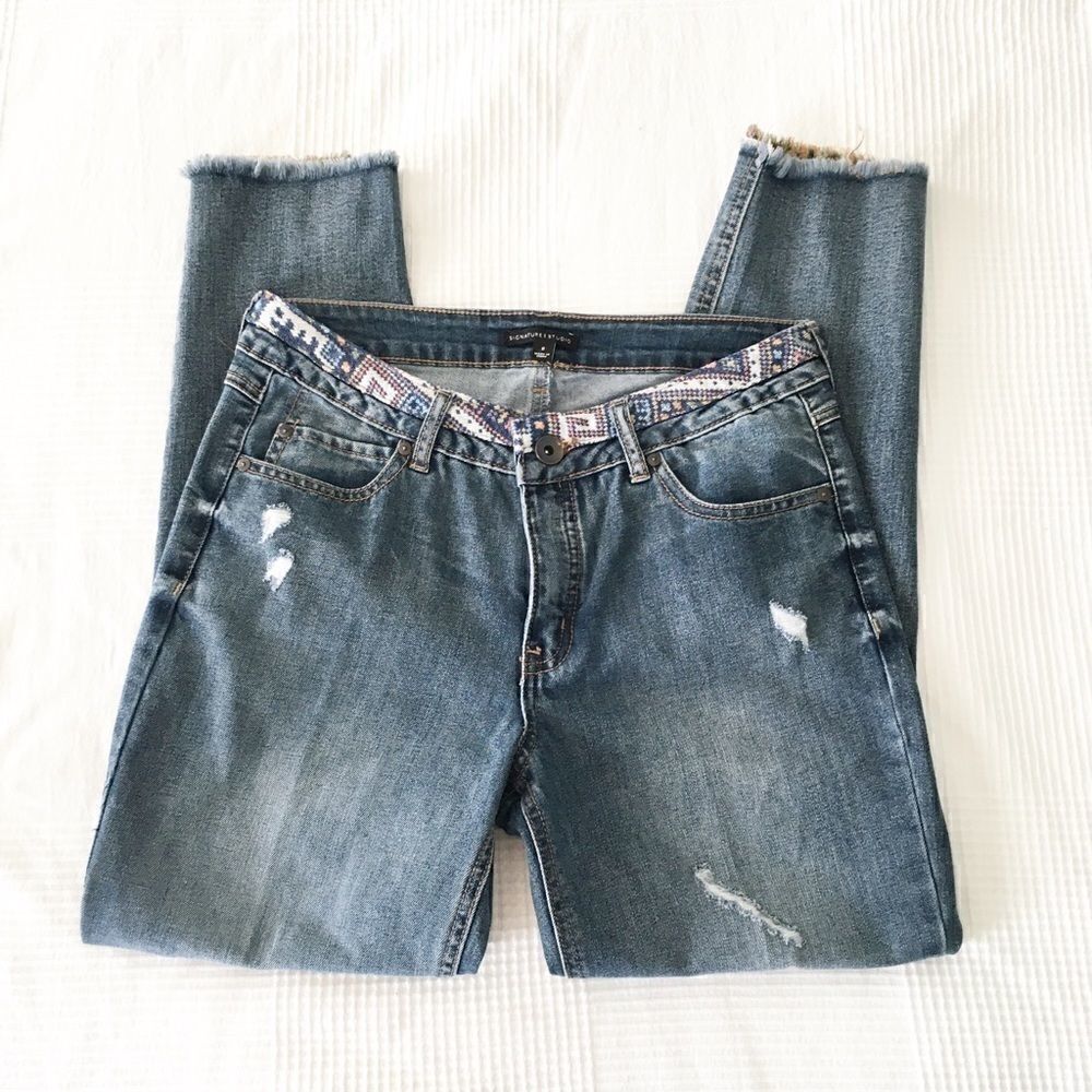 Blue Frayed Embroidered Distressed Cropped Jeans 8